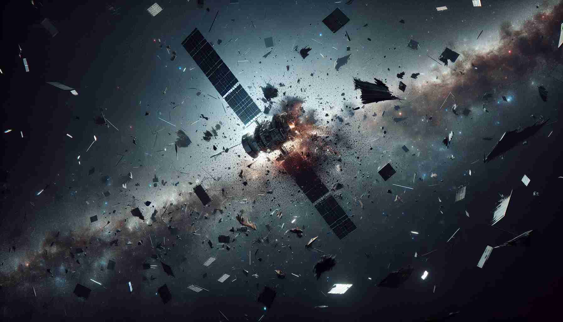 Generate a high-definition, realistic depiction of an outer space scene involving a satellite disaster. This event results in a multitude of space debris items scattering in numerous directions, each floating in the ominous and endless void. The gravitational forces are pulling pieces in all directions, creating a hazardous and dynamic environment. The satellite itself shows visible signs of damage, broken and charred parts are floating freely. The background should be filled with distant stars and galaxies, giving a sense of vastness and depth to the space around the scattered fragments.