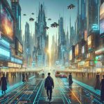 Generate a detailed, high-resolution image of someone exploring a futuristic metropolis. This city is designed by innovative artisans, with breathtaking futuristic architecture that features flying vehicles, impossibly tall buildings, neon advertisements, and technological advancements unexpected in our current era. Walking on the streets, people of different descents like Caucasian, Hispanic and Black, all dressed in futuristic attire. The cityscape is humming with digital life, filled with active holograms and neon lights dancing in the gleam of the city's glow.