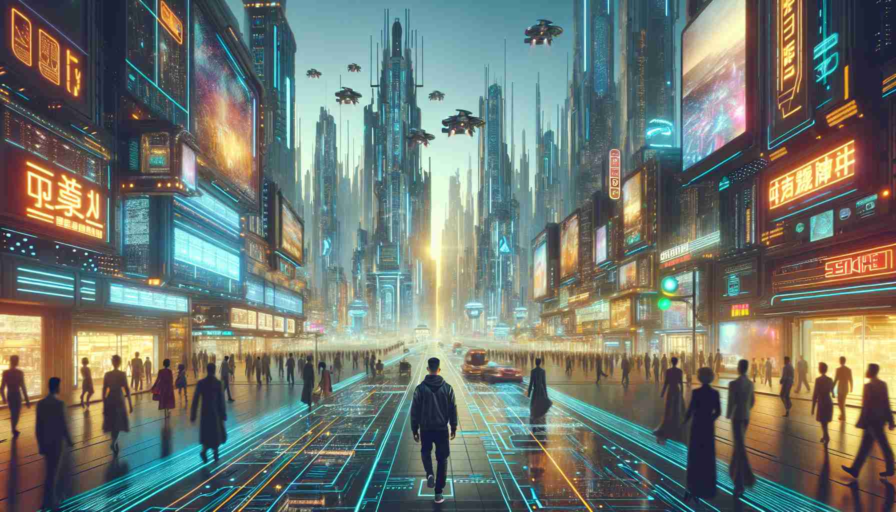 Generate a detailed, high-resolution image of someone exploring a futuristic metropolis. This city is designed by innovative artisans, with breathtaking futuristic architecture that features flying vehicles, impossibly tall buildings, neon advertisements, and technological advancements unexpected in our current era. Walking on the streets, people of different descents like Caucasian, Hispanic and Black, all dressed in futuristic attire. The cityscape is humming with digital life, filled with active holograms and neon lights dancing in the gleam of the city's glow.