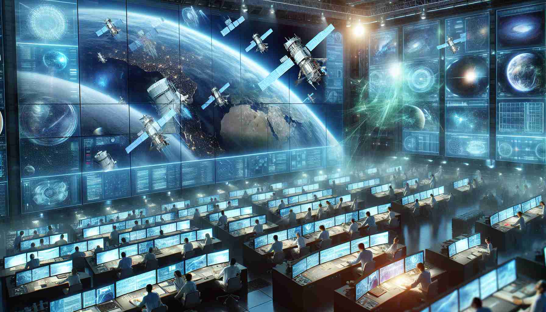 Create a HD image showcasing a futuristic vision of collaborative approach to satellite operations. The image should be highly detailed and realistic, with multiple people of various descents working in a high-tech control center. Depict a large screen showing several satellites in orbit of Earth. The people should be carefully operating sophisticated machinery and appear deep in their task, embodying a sense of revolutionizing traditional satellite operations.