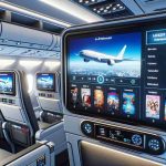 Render a realistic, high-definition image of an innovative in-flight entertainment system installed in the cabin of a commercial airplane. The screen shows latest movies, interactive games, and a live map of the aircraft's flight path. The seating environment is modern, emphasizing comfort and luxury, and passengers are visibly engrossed in their entertainment options.