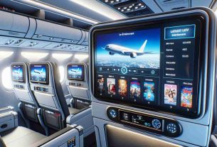 Render a realistic, high-definition image of an innovative in-flight entertainment system installed in the cabin of a commercial airplane. The screen shows latest movies, interactive games, and a live map of the aircraft's flight path. The seating environment is modern, emphasizing comfort and luxury, and passengers are visibly engrossed in their entertainment options.