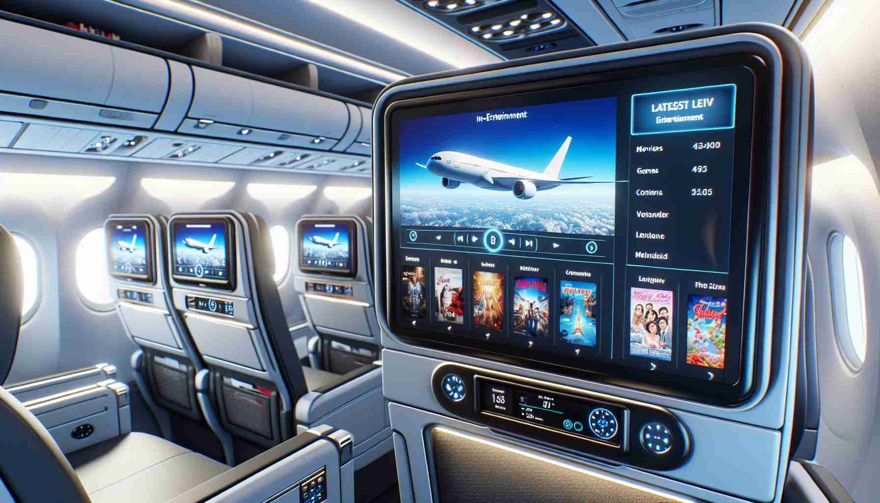 Render a realistic, high-definition image of an innovative in-flight entertainment system installed in the cabin of a commercial airplane. The screen shows latest movies, interactive games, and a live map of the aircraft's flight path. The seating environment is modern, emphasizing comfort and luxury, and passengers are visibly engrossed in their entertainment options.