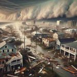 Generate a realistic, high-definition photo that depicts the aftermath of a fictional hurricane, named Milton, on coastal communities. Illustrate the heavy rainfall, powerful winds, and flooding that has affected homes and infrastructure along the shore. Show damaged buildings, fallen trees, and debris scattered in the streets. Also, include stormy, dark clouds in the sky to emphasize the storm's intensity.