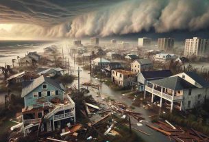 Generate a realistic, high-definition photo that depicts the aftermath of a fictional hurricane, named Milton, on coastal communities. Illustrate the heavy rainfall, powerful winds, and flooding that has affected homes and infrastructure along the shore. Show damaged buildings, fallen trees, and debris scattered in the streets. Also, include stormy, dark clouds in the sky to emphasize the storm's intensity.