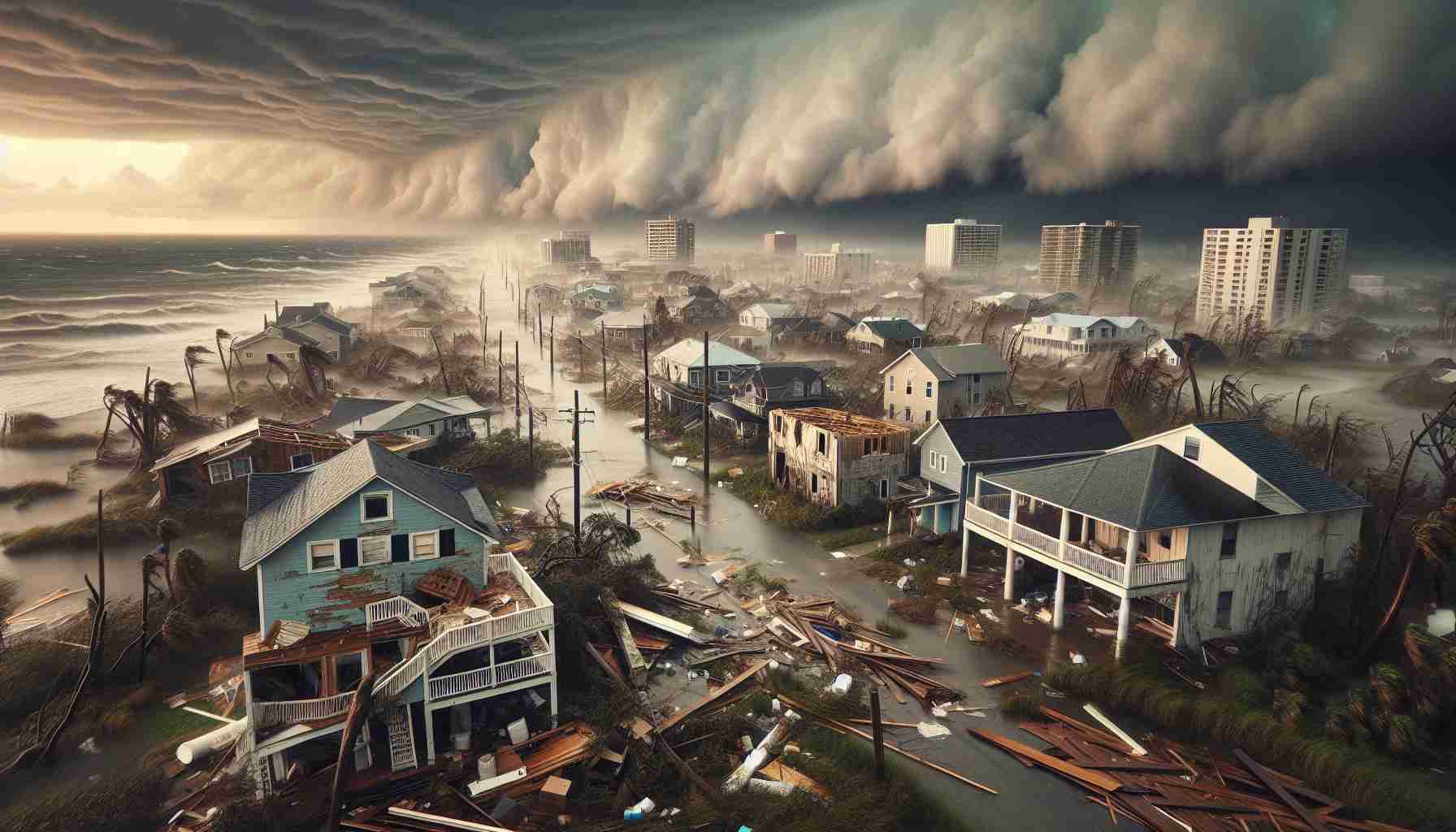 Generate a realistic, high-definition photo that depicts the aftermath of a fictional hurricane, named Milton, on coastal communities. Illustrate the heavy rainfall, powerful winds, and flooding that has affected homes and infrastructure along the shore. Show damaged buildings, fallen trees, and debris scattered in the streets. Also, include stormy, dark clouds in the sky to emphasize the storm's intensity.