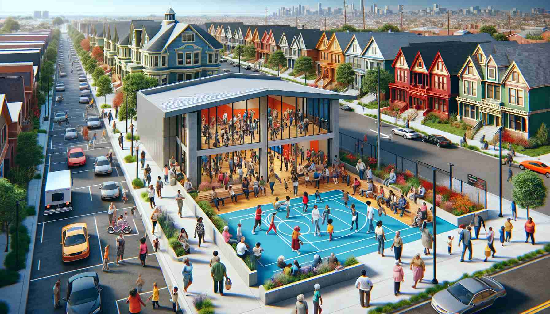 A realistic, high-definition image showcasing the transformation of neighborhoods via innovative community centers. The vibrant scene includes a newly revitalized neighborhood with a modern community center at its heart. This facility is teeming with various activities, a hive of community involvement. People of different gender and descents, Caucasian women, Hispanic men, Black children and Middle-Eastern seniors gather in both indoor and outdoor spaces, partaking in various activities in a harmonious environment. Nearby, you can see the noticeable improvements in the surroundings - new plants, clean streets, and refurbished houses contributing to the overall revitalized ambiance.