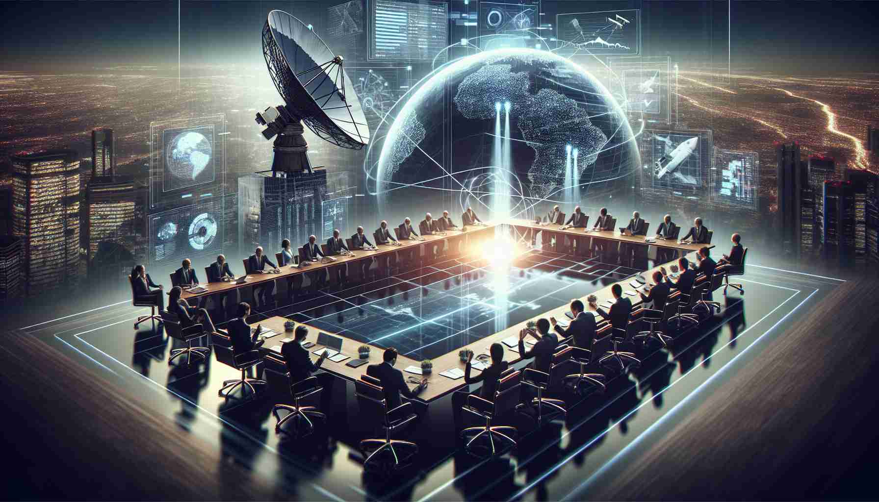 A high-resolution, realistic image of a satellite technology firm landing an industry-changing deal. The scene captures the monumental event with imagery that symbolizes breakthroughs and new standards. It might include a grand conference room filled with diverse individuals in business attire, with papers and digital screens depicting graphs and charts related to satellite tech. The moment the agreement is signed is emphasized, represented as a groundbreaking moment in the industry.