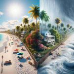 Render a realistic high-definition image divided in half. On the left, depict the landscape of Florida prior to a storm: palm trees swaying under a clear blue sky, sunbathers on pristine white beaches, colorful beach houses dotting the shoreline. On the right, show the exact same landscape after the storm's rejuvenating aftermath: the refreshed flora, the clouds clearing up revealing a bright rainbow, the beach houses peering through the blanket of water droplets, and the sand swept into natural art by the strong winds.