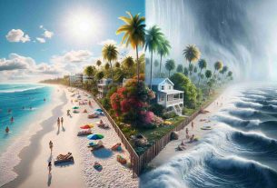 Render a realistic high-definition image divided in half. On the left, depict the landscape of Florida prior to a storm: palm trees swaying under a clear blue sky, sunbathers on pristine white beaches, colorful beach houses dotting the shoreline. On the right, show the exact same landscape after the storm's rejuvenating aftermath: the refreshed flora, the clouds clearing up revealing a bright rainbow, the beach houses peering through the blanket of water droplets, and the sand swept into natural art by the strong winds.