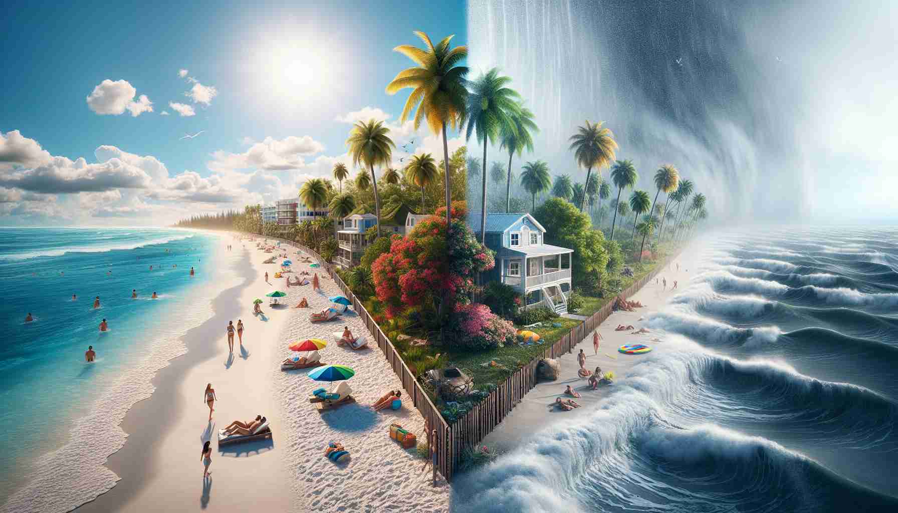 Render a realistic high-definition image divided in half. On the left, depict the landscape of Florida prior to a storm: palm trees swaying under a clear blue sky, sunbathers on pristine white beaches, colorful beach houses dotting the shoreline. On the right, show the exact same landscape after the storm's rejuvenating aftermath: the refreshed flora, the clouds clearing up revealing a bright rainbow, the beach houses peering through the blanket of water droplets, and the sand swept into natural art by the strong winds.