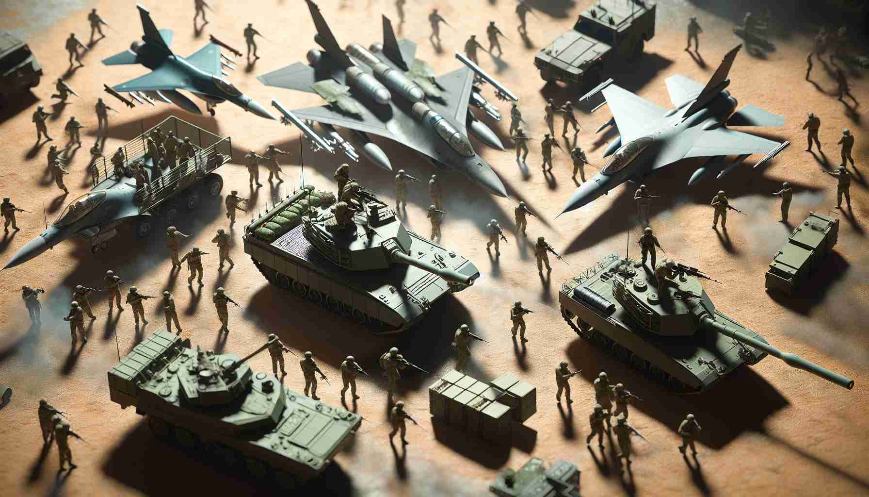 A high definition realistic image of a general scene of military preparedness, showing equipment like tanks, fighter jets, and troops in uniform engaging in exercises and drills. The atmosphere is intense and serious, underlining raised concerns.