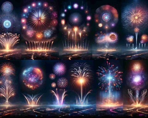 Realistic HD image of six spectacular and unique firework displays launching into the dark sky with multiple colors and patterns. The scene should be indicative of a large, highly anticipated event in 2024, managing to capture excitement and awe. Include different styles and sizes of fireworks exploding, with some creating circular patterns, others forming vibrant streaks across the sky, and still others creating intricate grid patterns. The sky should be filled with the colorful light trails these fireworks leave behind, creating a captivating visual spectacle you definitely wouldn't want to miss.