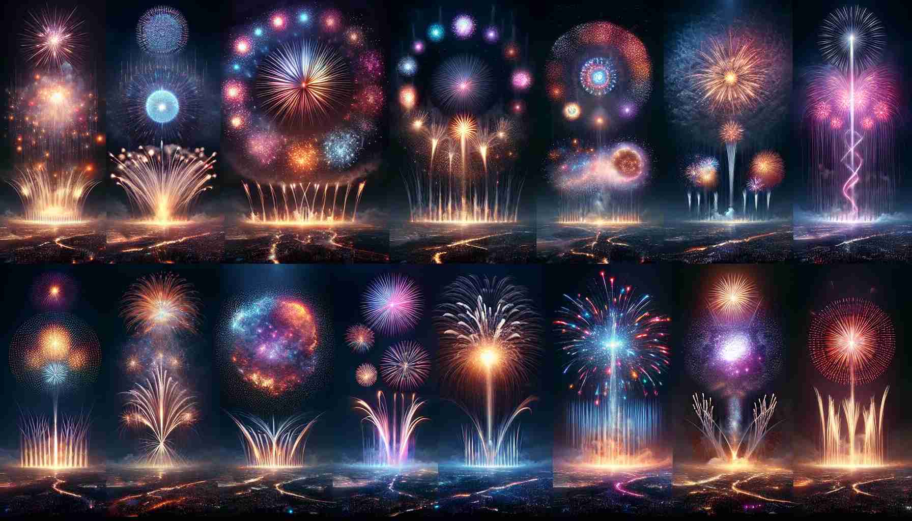 Realistic HD image of six spectacular and unique firework displays launching into the dark sky with multiple colors and patterns. The scene should be indicative of a large, highly anticipated event in 2024, managing to capture excitement and awe. Include different styles and sizes of fireworks exploding, with some creating circular patterns, others forming vibrant streaks across the sky, and still others creating intricate grid patterns. The sky should be filled with the colorful light trails these fireworks leave behind, creating a captivating visual spectacle you definitely wouldn't want to miss.