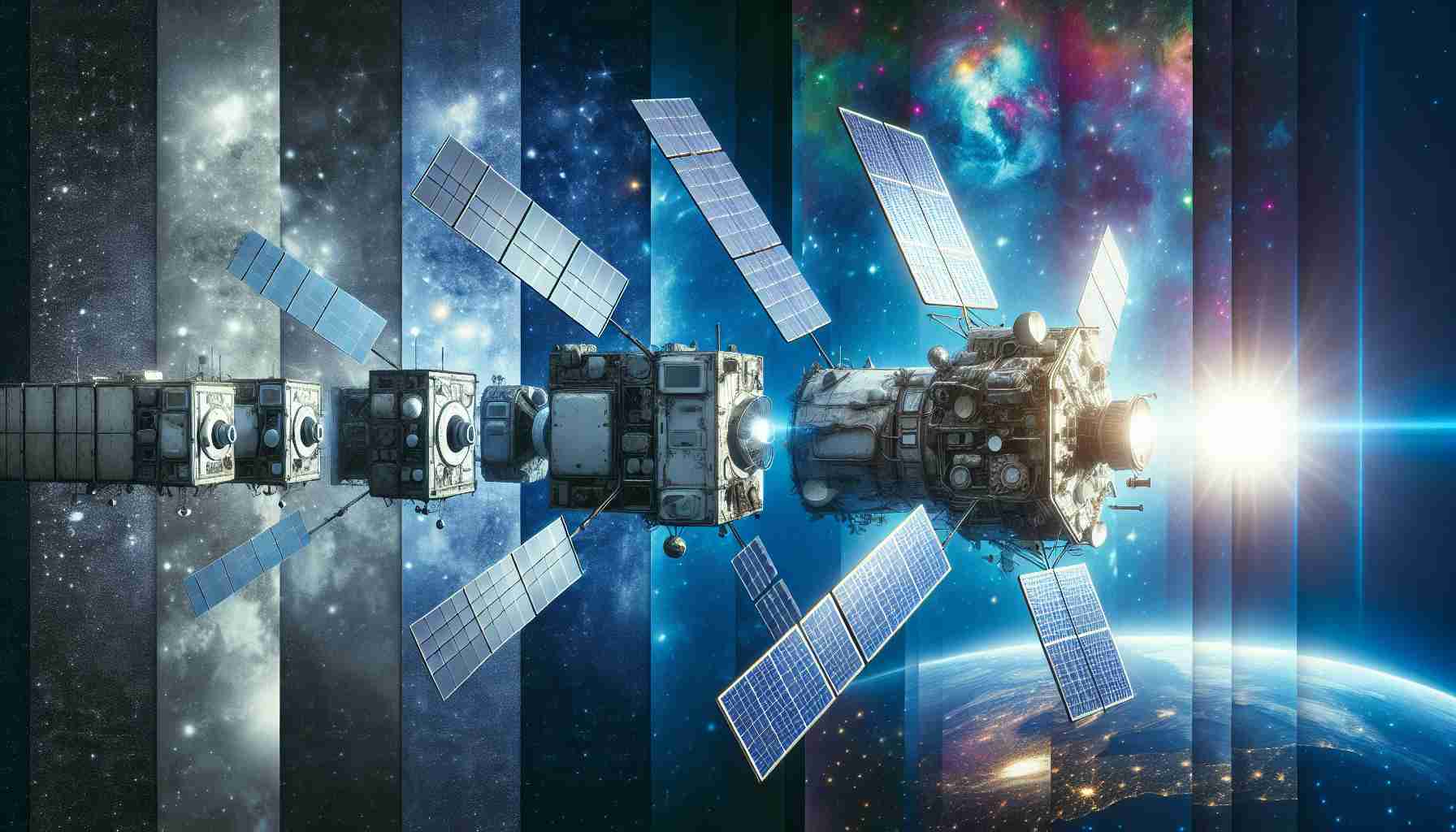 Generate an image showcasing the progression of satellite technology over time. In one corner, depict an old, boxy Satellite from the 1950s era, painted in grey and white tones and sporting large, bulky solar panels. Gradually transition towards modern sleek, aerodynamic satellites with high-tech equipment and polished surfaces reflecting sunlight. Let these modern versions radiate with a futuristic glow to symbolize the advancing technology. In the background, feature a deep azure space filled with vibrant galaxies, stars, and the silhouette of Earth. Ensure that the image is detailed and realistic in high definition.