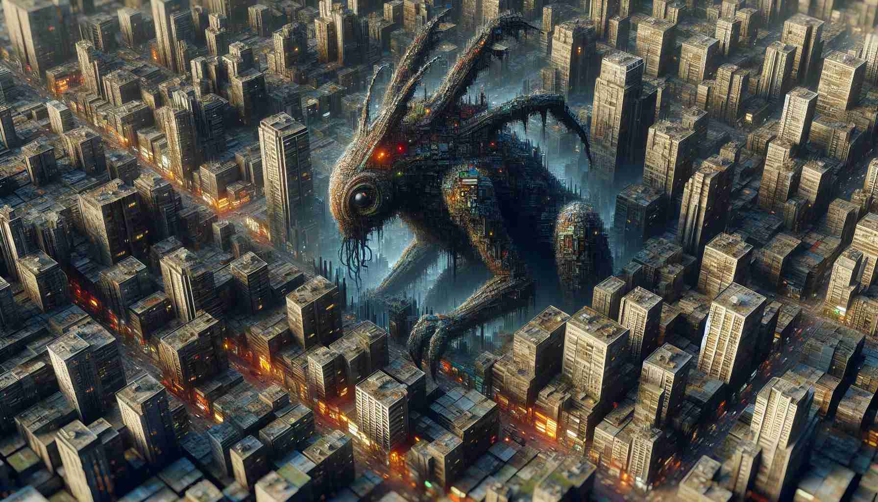 Detailed high-definition image portraying an enigmatic creature, previously unseen, that has been discovered hidden within a densely stacked urban environment. The creature's appearance prompts a sense of surprise and curiosity. The cityscape forms an intricate backdrop, with towering architecture, bustling streets, and vibrant city lights hinting at its urban jungle nature.