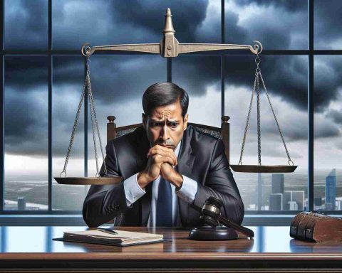 Create a realistic high-definition image of a tense and high-stakes moment. A worried-looking middle-aged South Asian man is sitting at a grand office desk, hands clenched. He appears to be a manager, anxiety visible on his face. A metaphorical scale hangs above his head, symbolising his uncertain fate, with its balance being precariously tipping. In the background, a large glass window reveals a city skyline under stormy skies, reflecting the gravity of the situation.