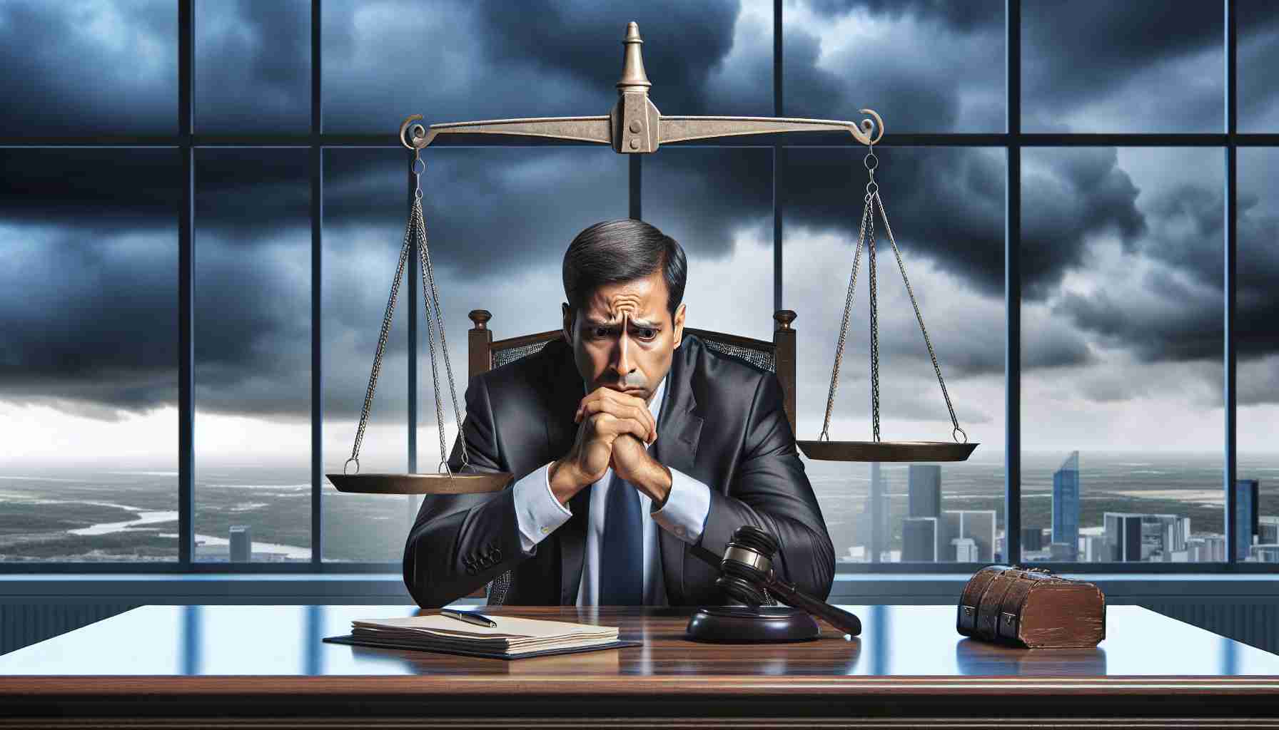 Create a realistic high-definition image of a tense and high-stakes moment. A worried-looking middle-aged South Asian man is sitting at a grand office desk, hands clenched. He appears to be a manager, anxiety visible on his face. A metaphorical scale hangs above his head, symbolising his uncertain fate, with its balance being precariously tipping. In the background, a large glass window reveals a city skyline under stormy skies, reflecting the gravity of the situation.