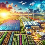 Vivid and highly detailed image that showcases the future look of sustainable agriculture developed through innovative technology. Depict a large, thriving farm powered by solar energy panels and wind turbines. Include diverse crops growing in perfect harmony with their environment. Show advanced technologies like drone crop monitoring, automated irrigation systems and vertical farming. The background should highlight a clear blue sky, representing a pollution-free future with the setting sun casting an orange glow over the scene.