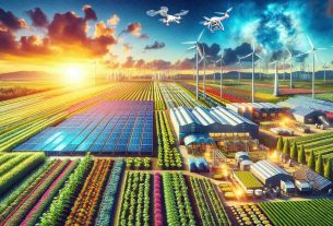 Vivid and highly detailed image that showcases the future look of sustainable agriculture developed through innovative technology. Depict a large, thriving farm powered by solar energy panels and wind turbines. Include diverse crops growing in perfect harmony with their environment. Show advanced technologies like drone crop monitoring, automated irrigation systems and vertical farming. The background should highlight a clear blue sky, representing a pollution-free future with the setting sun casting an orange glow over the scene.