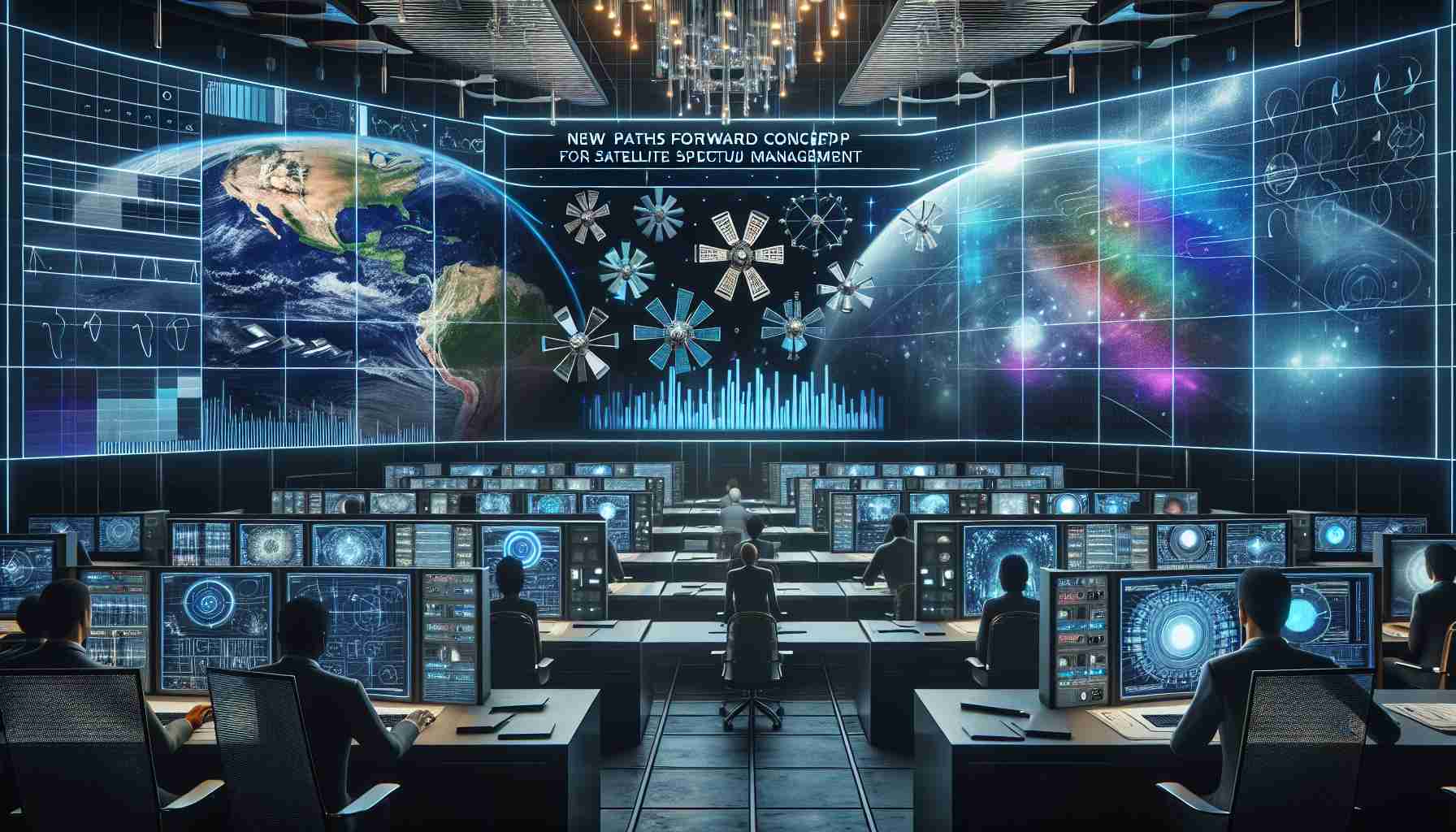 A realistic, high definition image representing the concept of new paths forward for satellite spectrum management. This could portray a modern control room with sleek, state-of-the-art equipment, multiple screens displaying various satellite orbits and their respective spectrum channels. Also, include graphics of innovative concepts like satellite spectrum sharing, alternative orbital planes, and dynamic frequency assignment. To signify progress and forward-thinking, have the room be staffed by a diverse team of engineers and scientists having a balanced gender distribution with representatives from Caucasian, Hispanic, Black, Middle-Eastern, and South Asian descents.