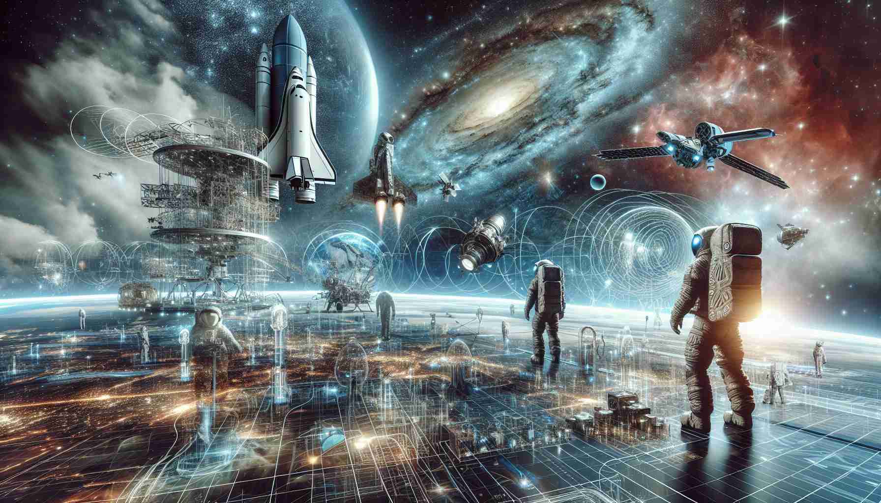 A high-definition, realistic image displaying the concept of revolutionizing space exploration. This scene encompasses the creativity, pioneering spirit, and innovation at the forefront. It could depict advanced spacecraft designs, astronauts with futuristic spacesuits, or new technology for life-sustenance in extraterrestrial environments. There might also be prototypes of technologies that aid in long-distance communication or advanced telescopic system outlines. The background could feature the vastness of space, with stars and galaxies in the distance, symbolizing the infinite opportunities that lie ahead.