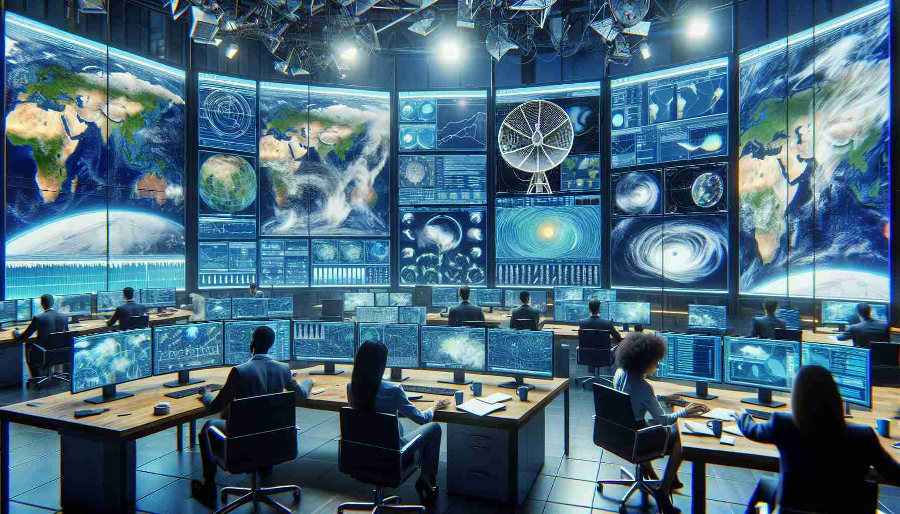 An image of a cutting-edge technology system used for enhancing weather tracking. The system is composed of advanced satellite communication dishes, radars, and a room filled with giant screens showing various weather patterns globally. The room is being managed by a team of diverse meteorologists including a Black woman, a Middle-Eastern man, and an Asian woman. workstation desks cluttered with paperwork, coffee mugs, and laptops. They're analyzing data, discussing weather trends, and forecasting potential storms. The image should be in high definition, displaying the intricate details of the technology, and the focused expressions of the meteorologists working.