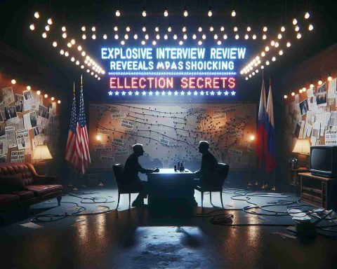 A high-definition, realistic image of a dramatic scene involving an imaginary dramatic interview. In the image, our focus is a lone interviewer and interviewee, bathed in revealing lights in a dimly set room. On the background; Bulletin boards filled with strings and thumbtacks, various newspaper clippings, and maps, all hinting at convoluted, shocking secrets related to an imaginary election. As a centerpiece to the setting, a large title banner appears from the ceiling declaring 'Explosive Interview Reveals Shocking Election Secrets'