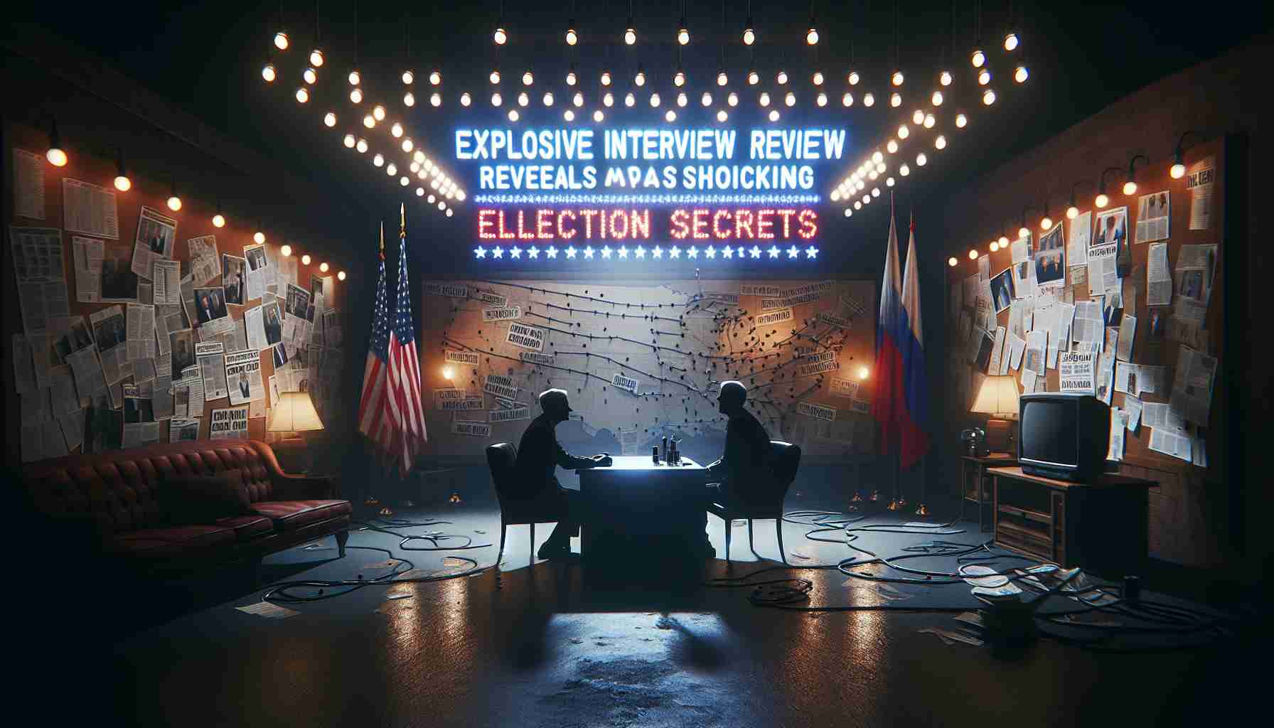 A high-definition, realistic image of a dramatic scene involving an imaginary dramatic interview. In the image, our focus is a lone interviewer and interviewee, bathed in revealing lights in a dimly set room. On the background; Bulletin boards filled with strings and thumbtacks, various newspaper clippings, and maps, all hinting at convoluted, shocking secrets related to an imaginary election. As a centerpiece to the setting, a large title banner appears from the ceiling declaring 'Explosive Interview Reveals Shocking Election Secrets'