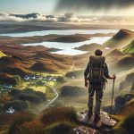 Generate a high-definition, realistic image of the Isle of Skye. The picture should capture an adventurer exploring the rugged terrain, set against a backdrop of dramatic sea cliffs, quaint villages, and the island's signature misty and mystic atmosphere. The adventurer is a Middle-Eastern man in sturdy boots, and equipped with a backpack and trekking poles. Imagine the sun is just rising, casting a warm glow over the landscape, revealing a rich tapestry of colors from green valleys to the blue sea.