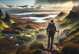 Generate a high-definition, realistic image of the Isle of Skye. The picture should capture an adventurer exploring the rugged terrain, set against a backdrop of dramatic sea cliffs, quaint villages, and the island's signature misty and mystic atmosphere. The adventurer is a Middle-Eastern man in sturdy boots, and equipped with a backpack and trekking poles. Imagine the sun is just rising, casting a warm glow over the landscape, revealing a rich tapestry of colors from green valleys to the blue sea.