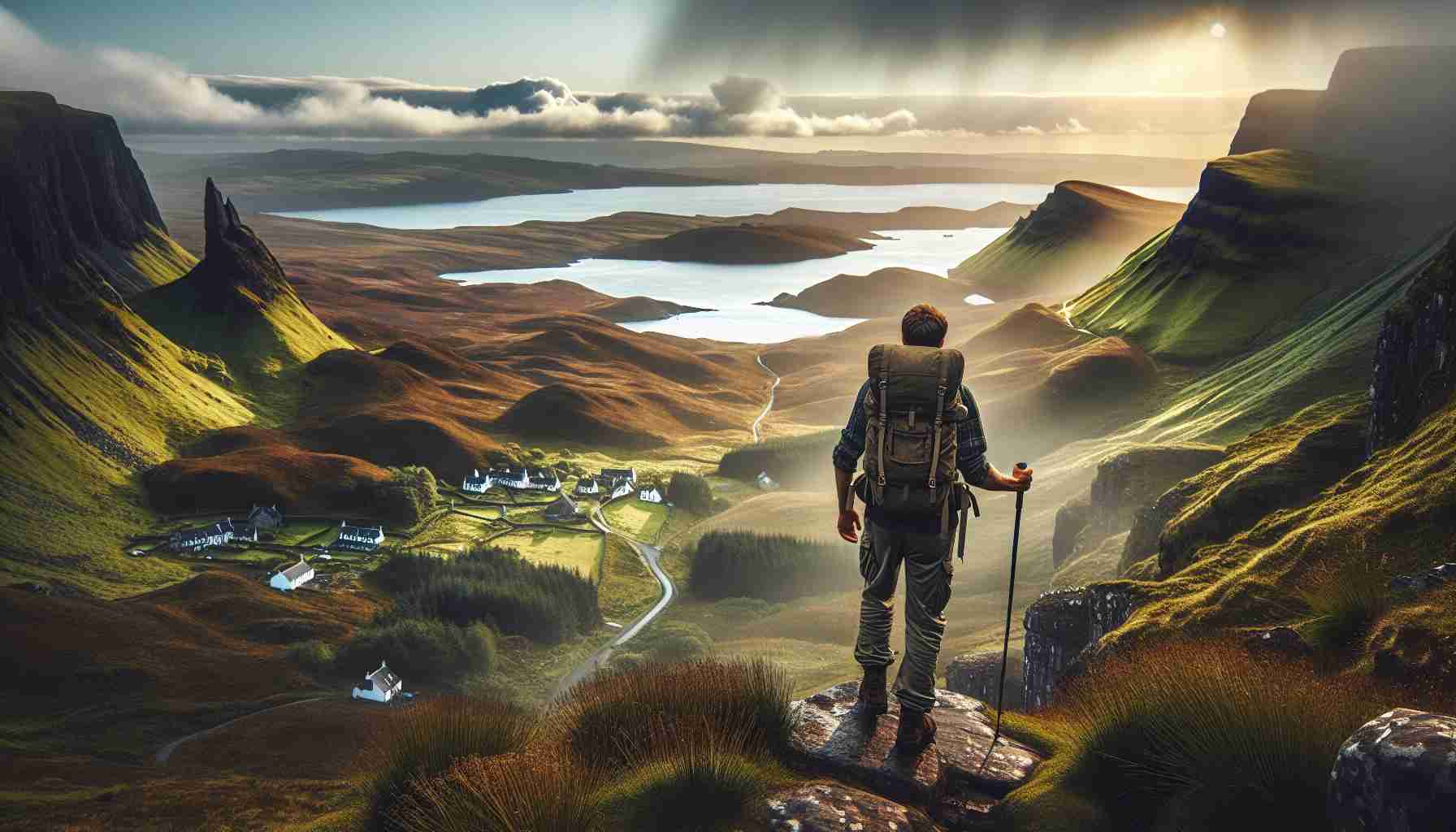 Generate a high-definition, realistic image of the Isle of Skye. The picture should capture an adventurer exploring the rugged terrain, set against a backdrop of dramatic sea cliffs, quaint villages, and the island's signature misty and mystic atmosphere. The adventurer is a Middle-Eastern man in sturdy boots, and equipped with a backpack and trekking poles. Imagine the sun is just rising, casting a warm glow over the landscape, revealing a rich tapestry of colors from green valleys to the blue sea.