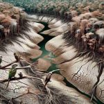 An ultra high-definition image showcasing the severe drought in the Amazon Basin, emanating a sense of alarm. The once lush and vibrant rainforest appears ailing and dehydrated, the discolored water canals running dry, and the trees wilting under the scorching sunlight. Sparrows and parrots can be seen nesting in the parched tree branches, their feathers ruffled and dull. There's an underlying tension amidst the stark silence, an eerie testament to the harsh impact of climate change.