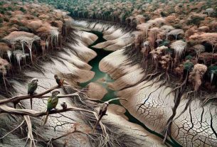 An ultra high-definition image showcasing the severe drought in the Amazon Basin, emanating a sense of alarm. The once lush and vibrant rainforest appears ailing and dehydrated, the discolored water canals running dry, and the trees wilting under the scorching sunlight. Sparrows and parrots can be seen nesting in the parched tree branches, their feathers ruffled and dull. There's an underlying tension amidst the stark silence, an eerie testament to the harsh impact of climate change.