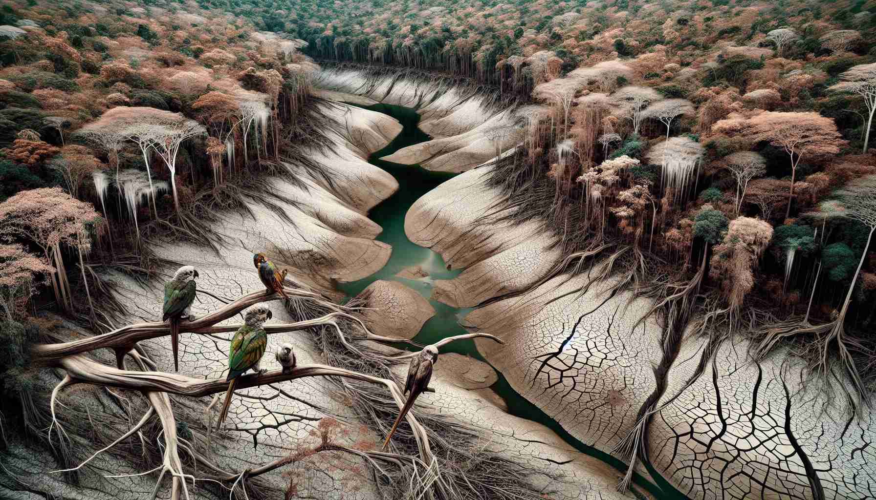 An ultra high-definition image showcasing the severe drought in the Amazon Basin, emanating a sense of alarm. The once lush and vibrant rainforest appears ailing and dehydrated, the discolored water canals running dry, and the trees wilting under the scorching sunlight. Sparrows and parrots can be seen nesting in the parched tree branches, their feathers ruffled and dull. There's an underlying tension amidst the stark silence, an eerie testament to the harsh impact of climate change.