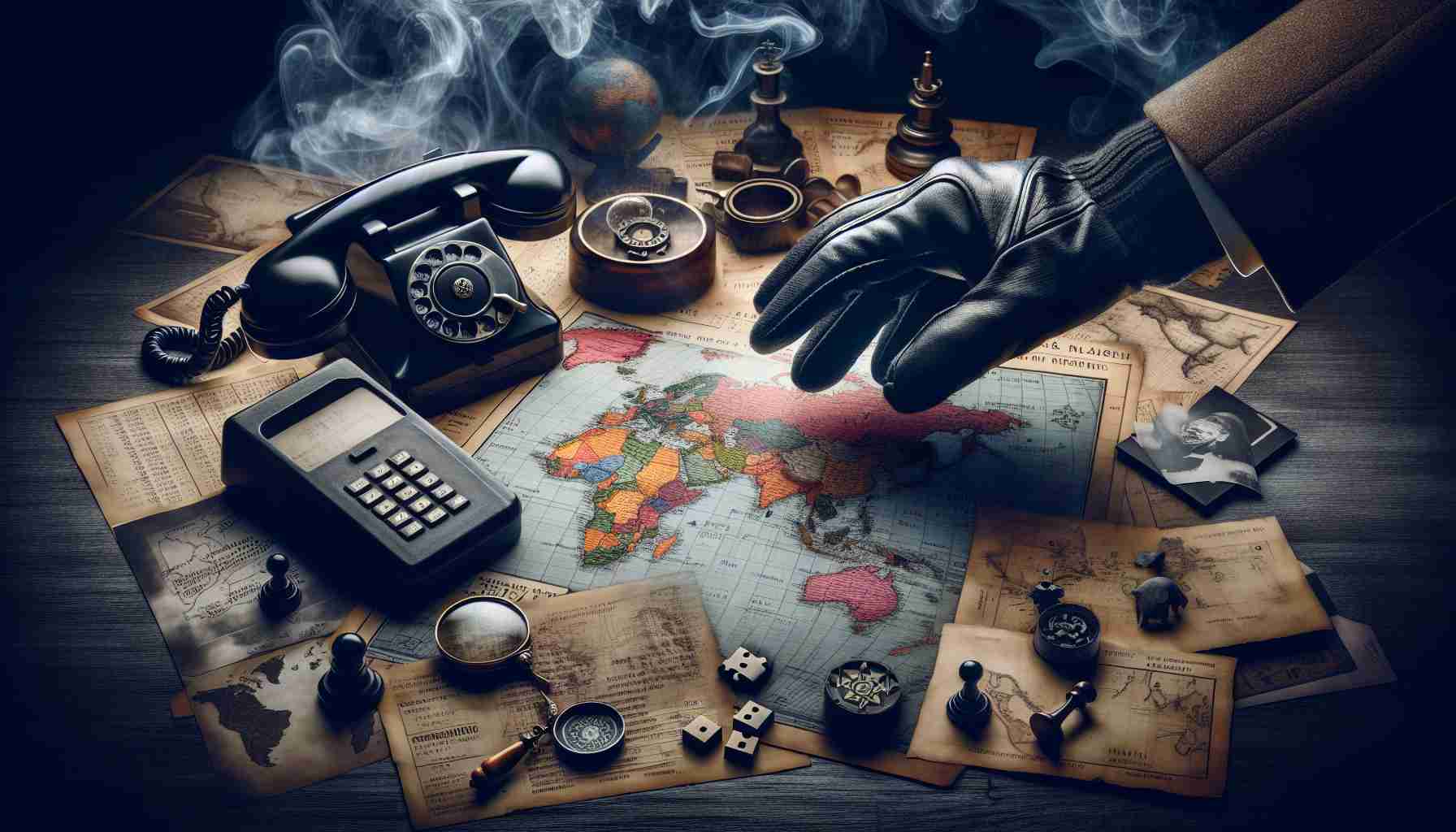 Realistic high-definition photograph representation of the theme 'International Espionage Unveiled'. It encapsulates the tension and intrigue of strategic military movements hidden under the veil of international politics. Visual elements could include a gloved hand with various geographical charts and symbols, encrypted messages, an old-style phone, shadows, and smoky atmosphere to suggest secrets and covert operations. It might also consist of abstract elements to represent strategy such as chess pieces, puzzle pieces, or coded documents being unfolded, symbolically unveiling the covert operations.