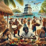 High-definition image showcasing the vibrant culture of Belize through elements such as traditional Garifuna drumming, a rich Mayan heritage evoked in the remnants of ancient architecture, and the multicultural crowd indulging in a local food and craft market. Capture a Caribbean beachfront with swaying palm trees in the background, and diverse groups of individuals, such as a Middle-Eastern female vendor selling traditional Belizean arts and a Black male tourist trying out local street food.