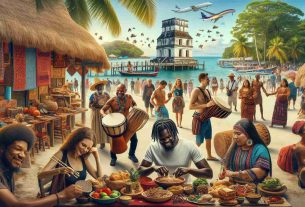 High-definition image showcasing the vibrant culture of Belize through elements such as traditional Garifuna drumming, a rich Mayan heritage evoked in the remnants of ancient architecture, and the multicultural crowd indulging in a local food and craft market. Capture a Caribbean beachfront with swaying palm trees in the background, and diverse groups of individuals, such as a Middle-Eastern female vendor selling traditional Belizean arts and a Black male tourist trying out local street food.