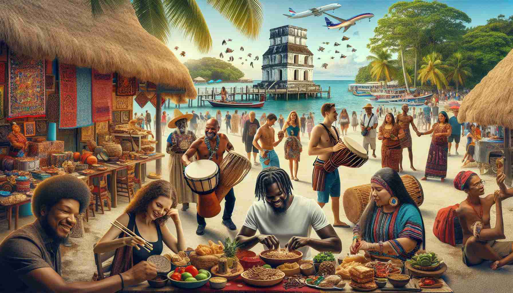 High-definition image showcasing the vibrant culture of Belize through elements such as traditional Garifuna drumming, a rich Mayan heritage evoked in the remnants of ancient architecture, and the multicultural crowd indulging in a local food and craft market. Capture a Caribbean beachfront with swaying palm trees in the background, and diverse groups of individuals, such as a Middle-Eastern female vendor selling traditional Belizean arts and a Black male tourist trying out local street food.