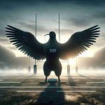 A realistic, high-definition image that symbolizes New Zealand's secret strategy or element of surprise ahead of a competitive event with Japan. This could be a metaphoric representation where a black kiwi bird, the national symbol of New Zealand, is shown with majestic wings spread, standing in a confident posture on a rugby field at dawn. In the background, the sun is only just beginning to rise. Fog lifts off of the dew-covered rugby field, lending an aura of mystery and anticipation to the scene. The scene is devoid of people.