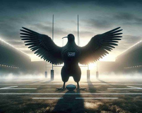 A realistic, high-definition image that symbolizes New Zealand's secret strategy or element of surprise ahead of a competitive event with Japan. This could be a metaphoric representation where a black kiwi bird, the national symbol of New Zealand, is shown with majestic wings spread, standing in a confident posture on a rugby field at dawn. In the background, the sun is only just beginning to rise. Fog lifts off of the dew-covered rugby field, lending an aura of mystery and anticipation to the scene. The scene is devoid of people.