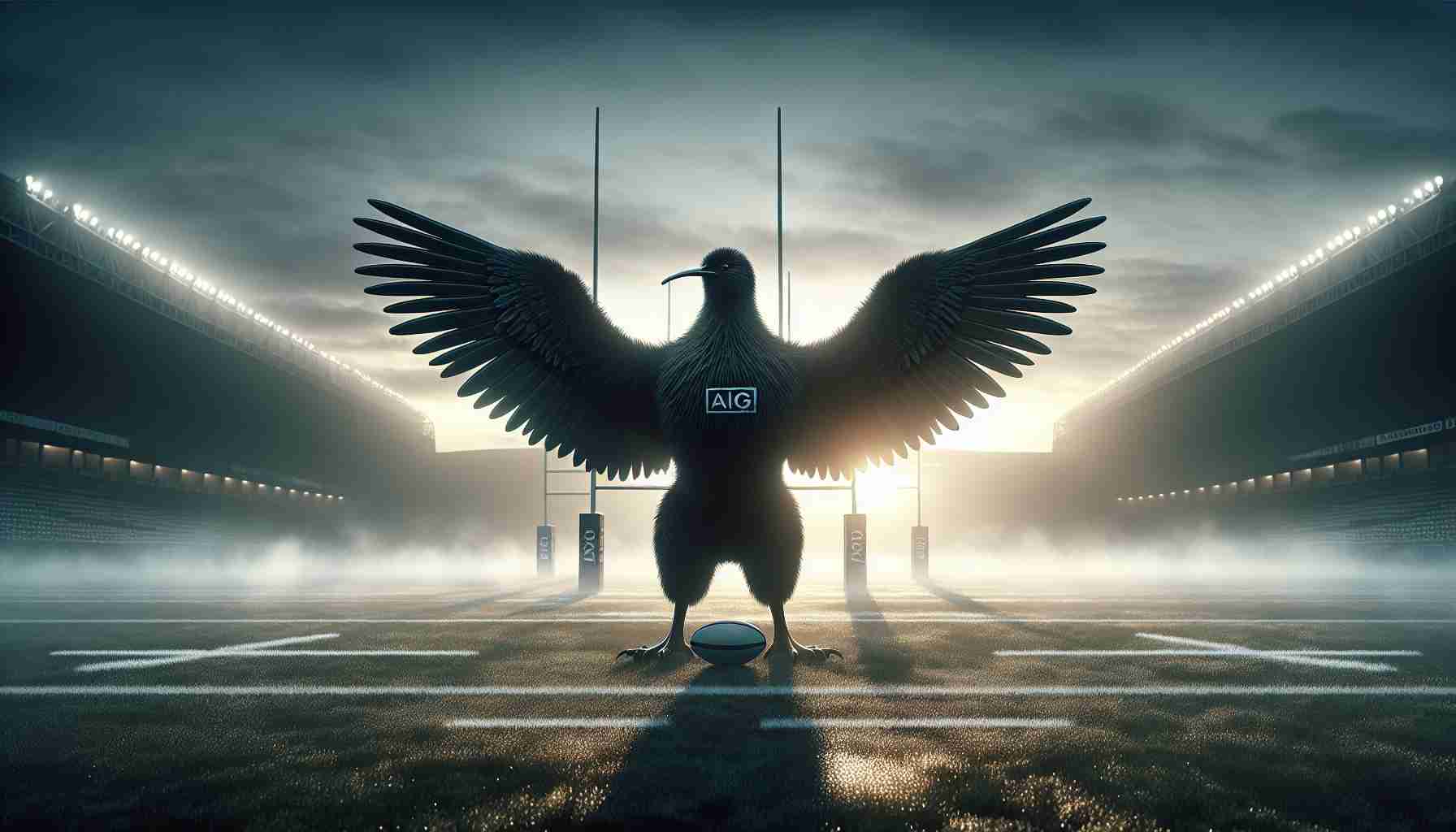 A realistic, high-definition image that symbolizes New Zealand's secret strategy or element of surprise ahead of a competitive event with Japan. This could be a metaphoric representation where a black kiwi bird, the national symbol of New Zealand, is shown with majestic wings spread, standing in a confident posture on a rugby field at dawn. In the background, the sun is only just beginning to rise. Fog lifts off of the dew-covered rugby field, lending an aura of mystery and anticipation to the scene. The scene is devoid of people.