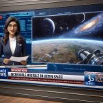 A detailed image of a television screen showing a Breaking News banner. The headline reads 'Incredible Milestone in Outer Space!' The background of the broadcast shows a high-definition, realistic scene of outer space with stars and galaxies. In one corner, a professional female South Asian news anchor, wearing a formal suit, delivers the news with an expression of excitement. Include small details like the news channel's logo and the ticking news bar at the bottom of the screen.