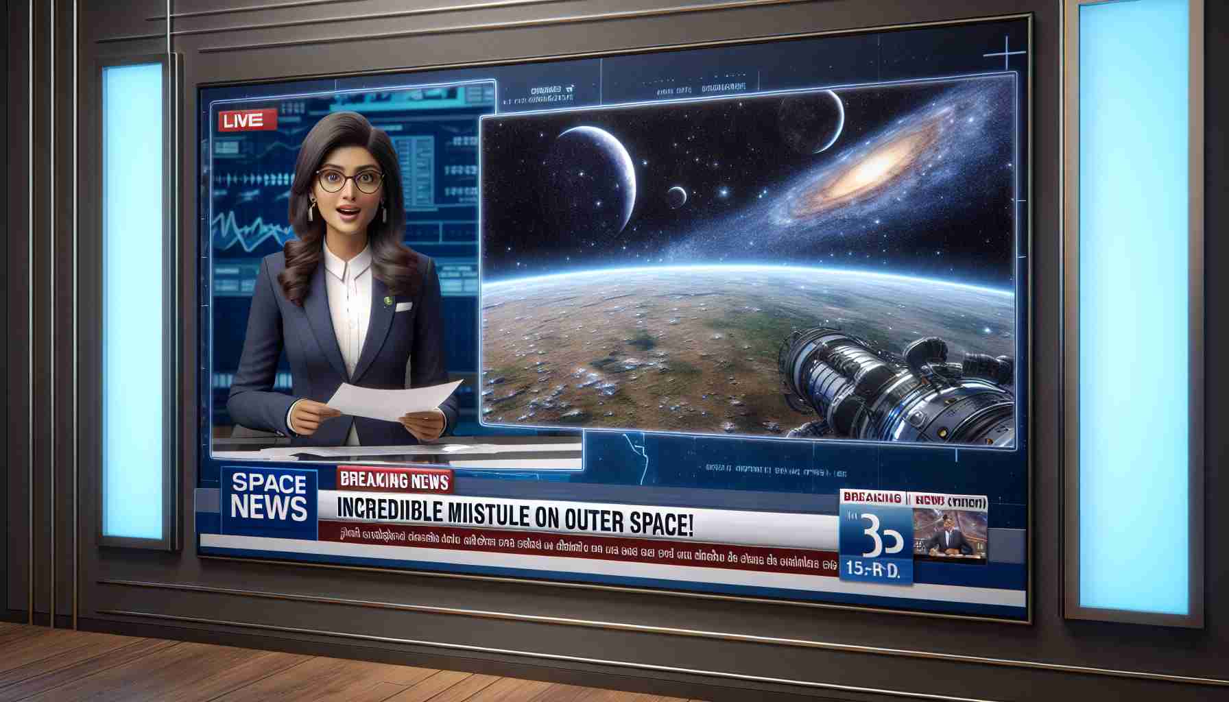 A detailed image of a television screen showing a Breaking News banner. The headline reads 'Incredible Milestone in Outer Space!' The background of the broadcast shows a high-definition, realistic scene of outer space with stars and galaxies. In one corner, a professional female South Asian news anchor, wearing a formal suit, delivers the news with an expression of excitement. Include small details like the news channel's logo and the ticking news bar at the bottom of the screen.