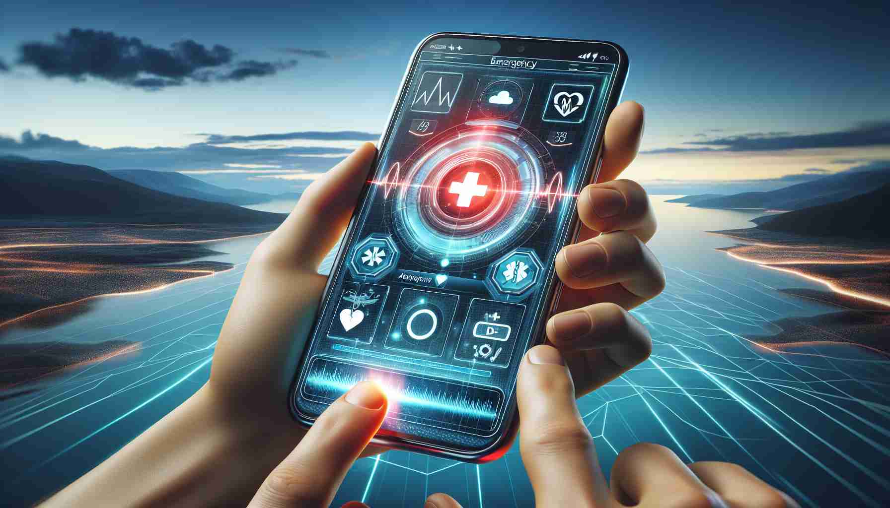 A detailed, high-definition image showcasing an innovative new emergency technology concept that is displayed on a latest generation smartphone. The screen of the phone shows an advanced user interface with lifesaving tools. The background should depict a horizon signifying new beginnings and the forward progression of technology.