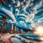 Generate a highly detailed and realistic image of an astonishing and unprecedented meteorological event occuring on the Florida Peninsula. The scene should capture the awe-inspiring nature of the weather, encapsulating the aura of tension and admiration. It should be a high-definition portrayal capturing unusual clouds formations, powerful winds sailing through the palm trees, reflections on the high-rise buildings, turbulent waves hitting the sandy beaches, and an unusually radiant sun peeking through the cracks of a fearful sky.