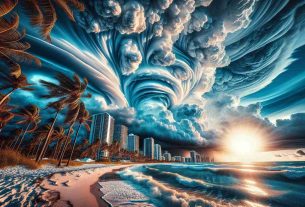 Generate a highly detailed and realistic image of an astonishing and unprecedented meteorological event occuring on the Florida Peninsula. The scene should capture the awe-inspiring nature of the weather, encapsulating the aura of tension and admiration. It should be a high-definition portrayal capturing unusual clouds formations, powerful winds sailing through the palm trees, reflections on the high-rise buildings, turbulent waves hitting the sandy beaches, and an unusually radiant sun peeking through the cracks of a fearful sky.