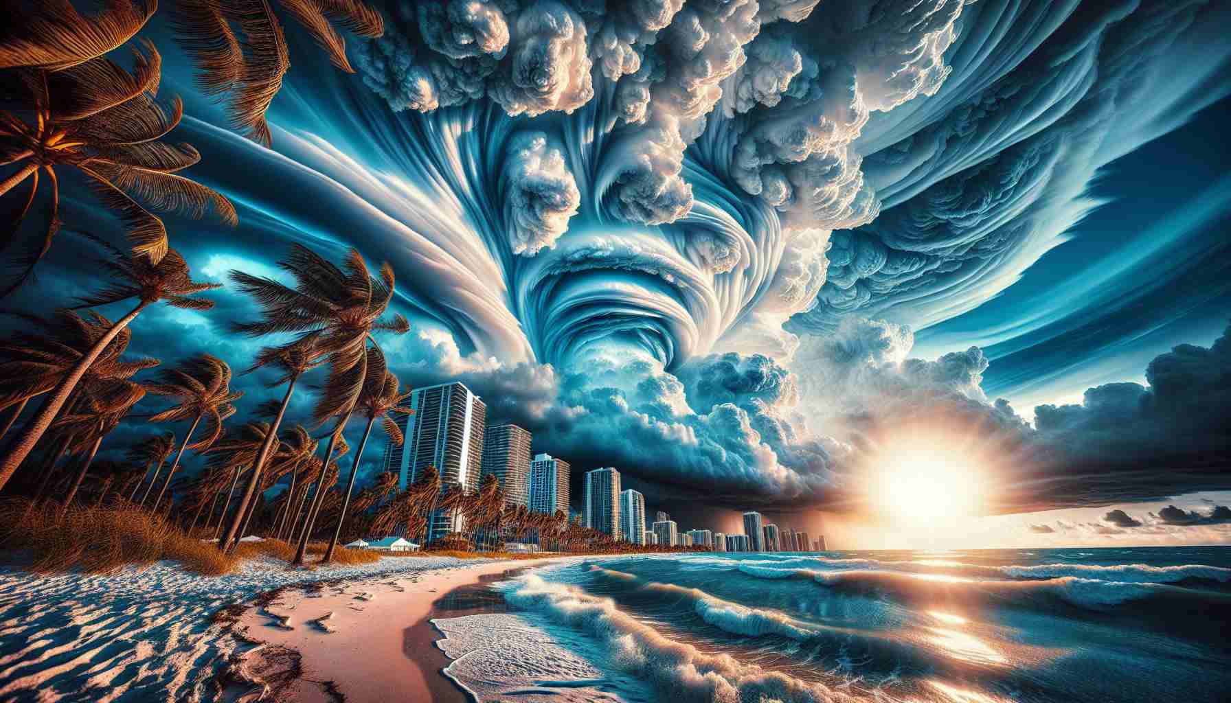 Generate a highly detailed and realistic image of an astonishing and unprecedented meteorological event occuring on the Florida Peninsula. The scene should capture the awe-inspiring nature of the weather, encapsulating the aura of tension and admiration. It should be a high-definition portrayal capturing unusual clouds formations, powerful winds sailing through the palm trees, reflections on the high-rise buildings, turbulent waves hitting the sandy beaches, and an unusually radiant sun peeking through the cracks of a fearful sky.