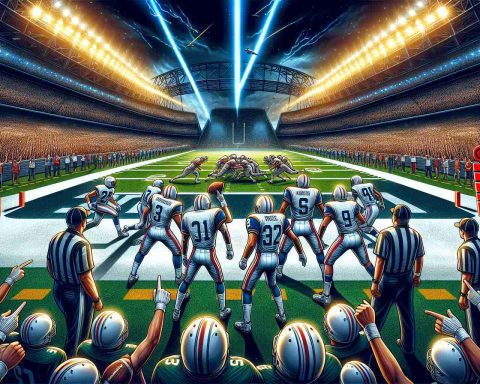 Illustrate a highly detailed, realistic image of an unexpected intense showdown in a professional American football game. The scene could include intricately designed uniforms, a well-lit massive stadium filled with eager audiences, and a climactic moment that could potentially overturn the predictions. Emphasize the dramatic showdown between two teams, capturing the high-stakes tension, surprise, and the spirit of competitive sports.