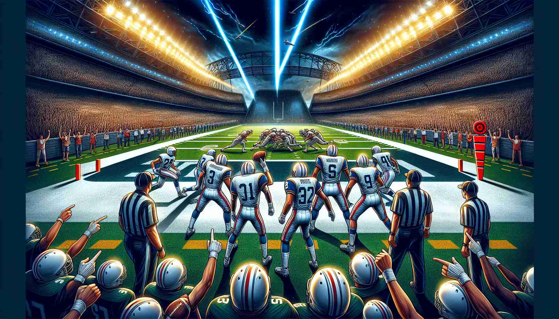 Illustrate a highly detailed, realistic image of an unexpected intense showdown in a professional American football game. The scene could include intricately designed uniforms, a well-lit massive stadium filled with eager audiences, and a climactic moment that could potentially overturn the predictions. Emphasize the dramatic showdown between two teams, capturing the high-stakes tension, surprise, and the spirit of competitive sports.